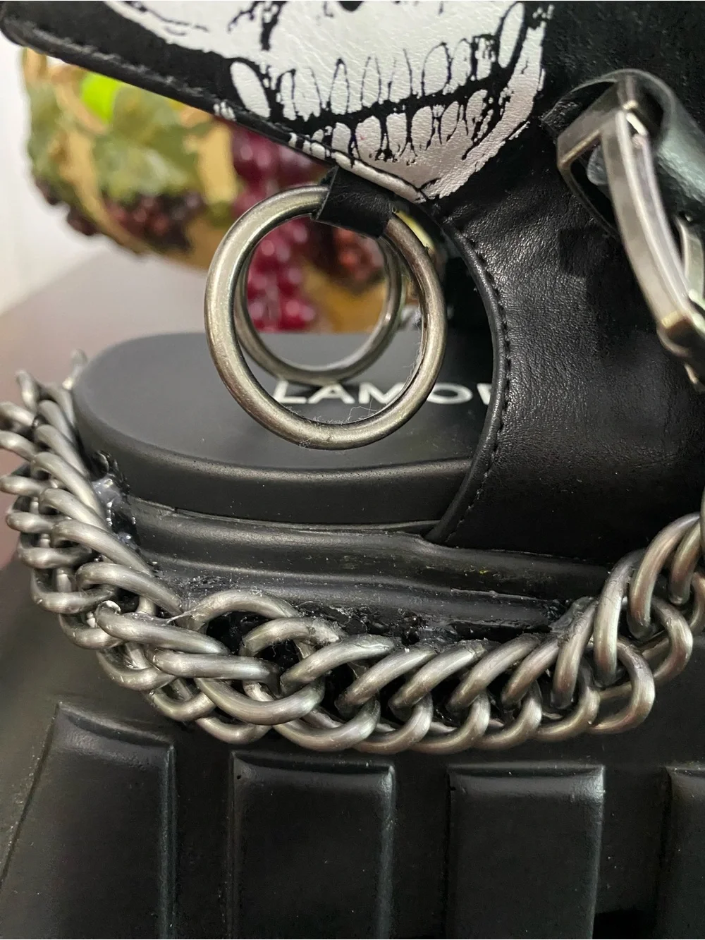 Black Platform Sandals with Skull Accent and Chain Detail